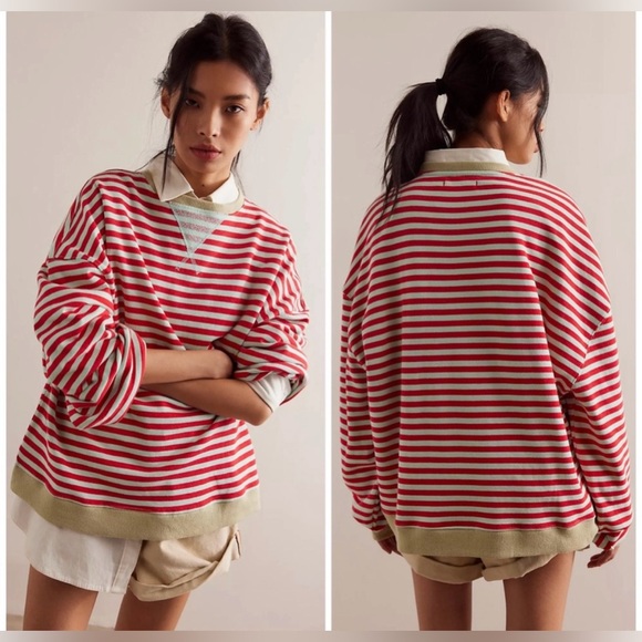Closeout!▪️Free People Oversized Striped Pullover Sweatshirt in Cherry Combo - Picture 2 of 9